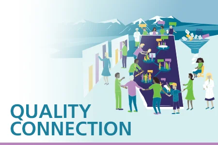 Diverse group of people coming together around the Province of Alberta | Text: Quality Connection | Health Quality Council of Alberta