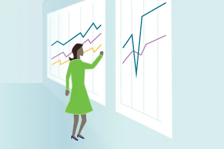 Woman standing in front of line charts | Health Quality Council of Alberta