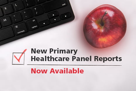 Image of keyboard and apple with text: New Primary Healthcare Panel Reports Now Available | HQCA