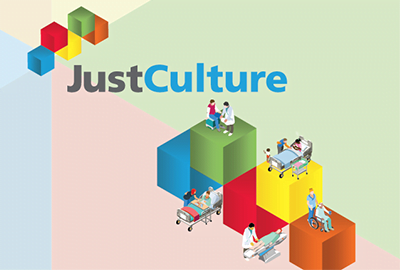 Coloured blocks and healthcare providers and text: Just Culture