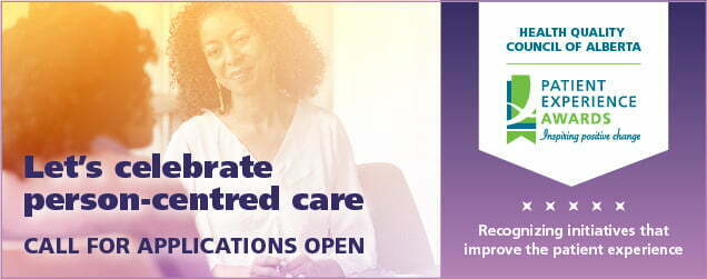 Patient and healthcare provider with text: Let's celebrate person-centred care - Call for application open